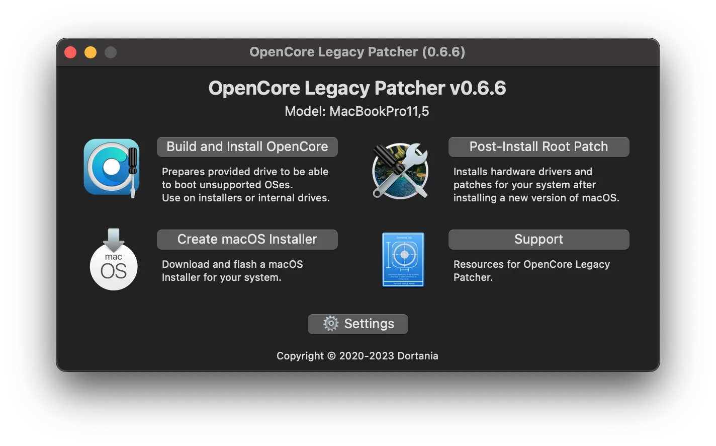 OpenCore Legacy Patcher main menu