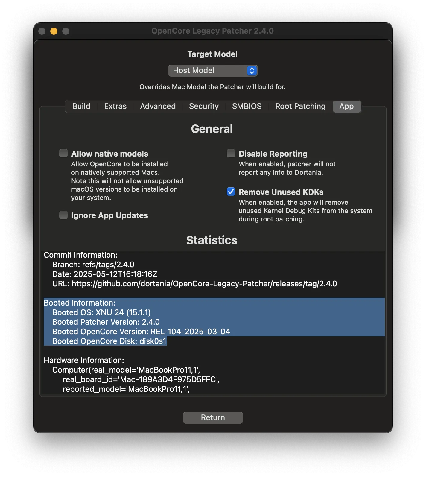 OCLP booted version information